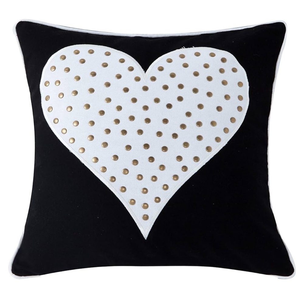 Kensie Stellah Heart Studded Decorative Pillow, 18X18, White-Black-Gold